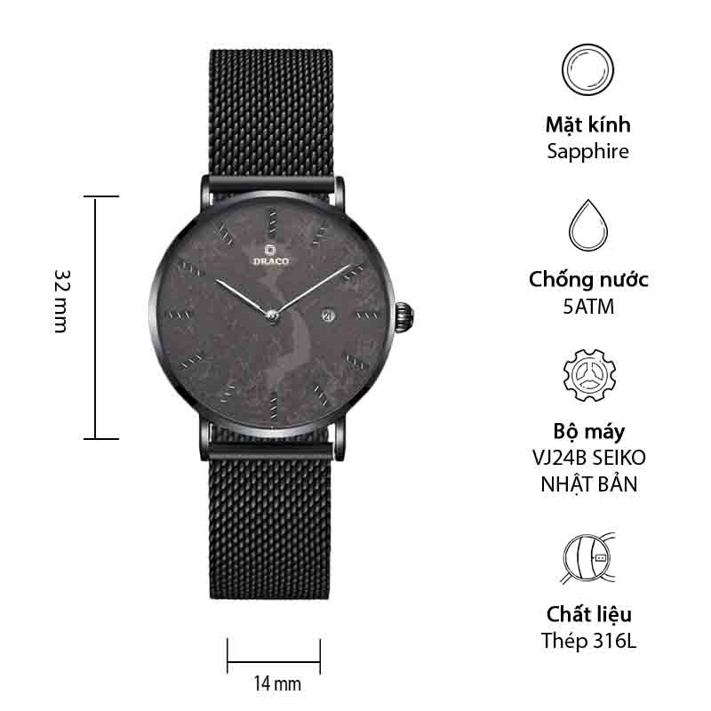 Đồng hồ nữ Draco D22-STN03 &quot;Vietnamese Girl&quot; viền đen kết hợp chất liệu dây lưới màu đen-phụ kiện thời trang nữ