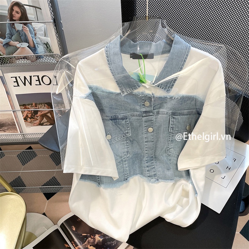 Áo polo Ngắn Tay Cổ Bẻ Form Rộng Phối Vải denim Phong Cách retro Mỹ Cho Nữ