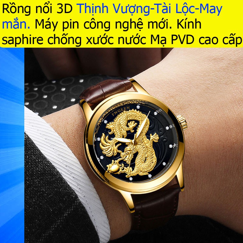 Đồng hồ nam đẹp mặt rồng nổi 3D mạ vàng chính hãng cao cấp giá rẻ mặt tròn đeo tay dây  da