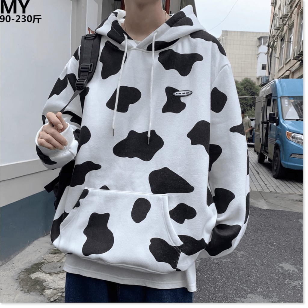 ÁO HOODIE NAM PHỐI HỌA TIẾT BÒ SỮA ĐẸP PHONG CÁCH TINH TẾ CÓ NÓN VLTN