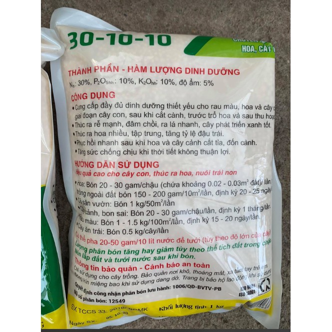 NPK ĐẦU TRÂU Bình điền 30-10-10 gói 1kg