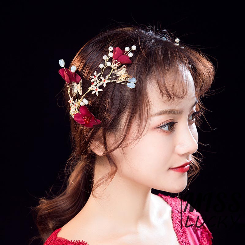 Red Wedding Bride Headdress Hairpin Clip Jewelry Accessories Flowers Ornaments New styles Roses Goddes Style Barrett