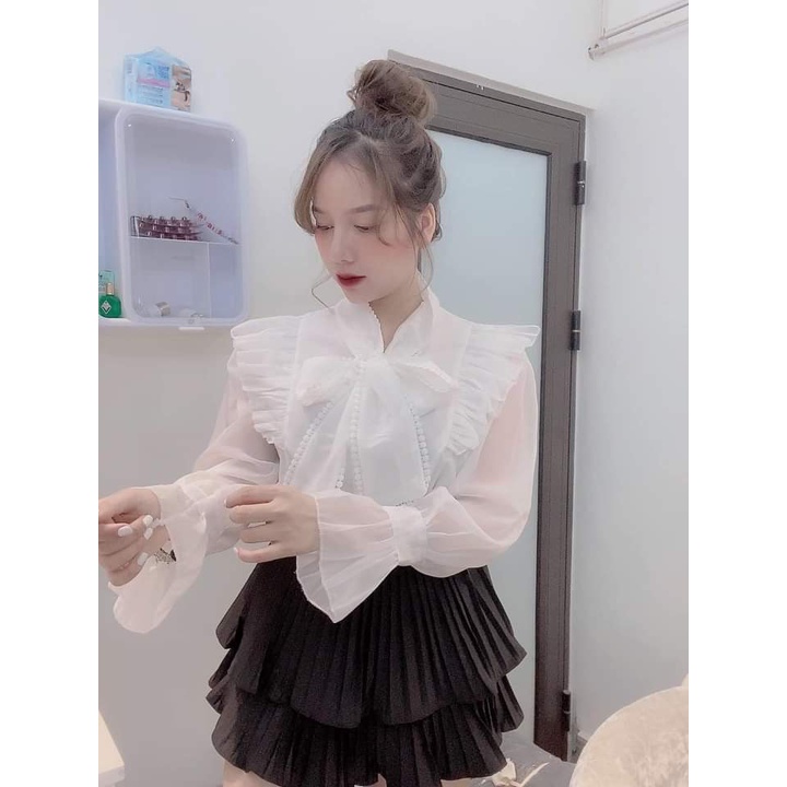 Áo nữ - Sơ mi viền bèo cổ ren nơ tay dài về hàng loại 1 sịn sò