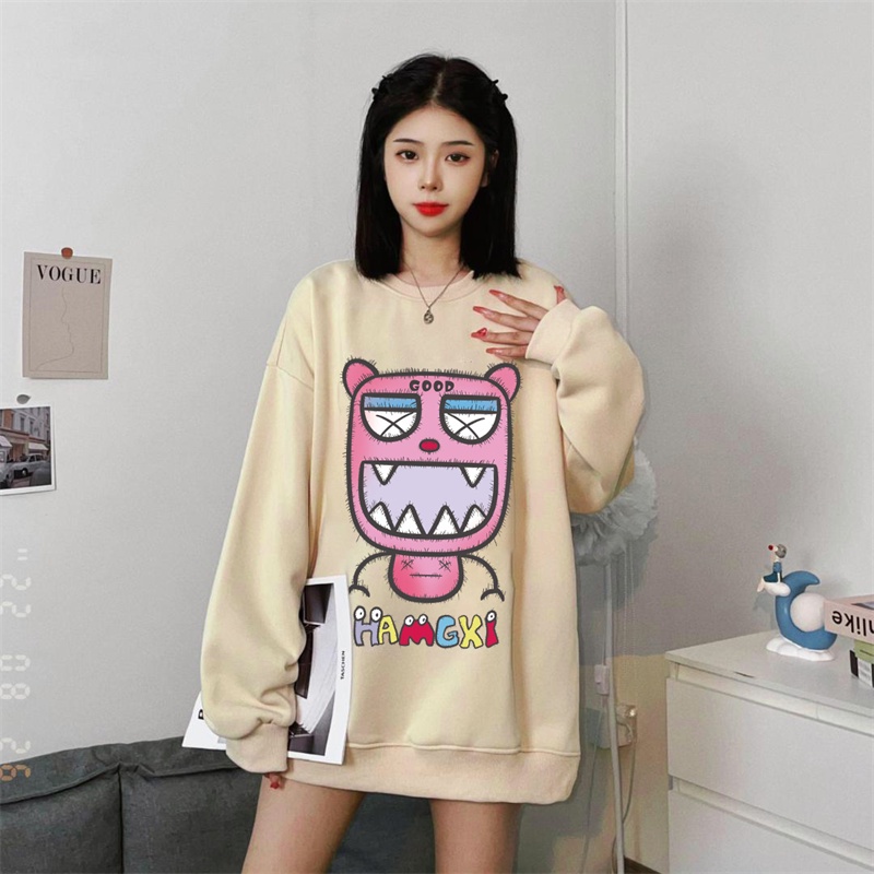 Áo sweater IELGY cổ tròn dáng rộng in hình hoạt hình xinh xắn cho nữ
