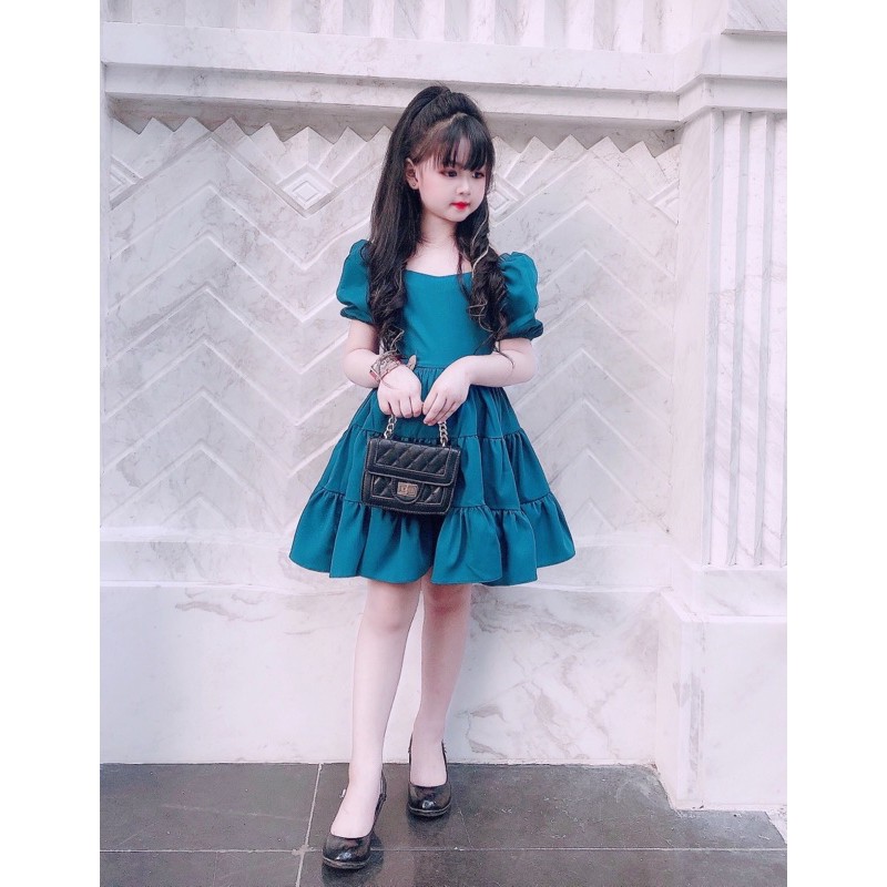 Váy xanh tầng nơ lưng cho bé(kèm video thật)