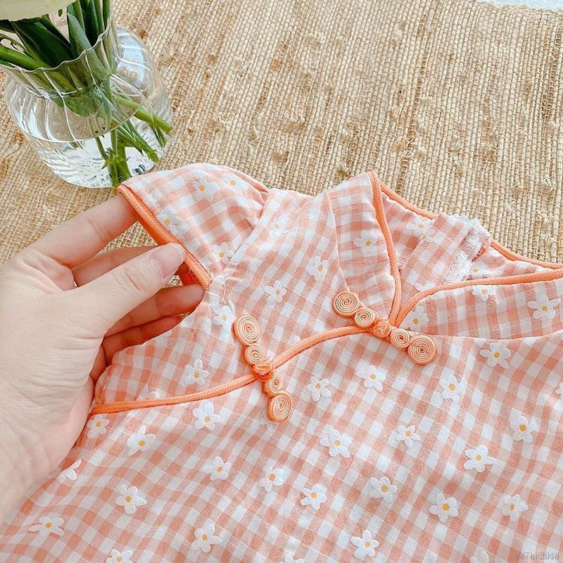 Đầm sườn xám tay ngắn in họa tiết tùy chọn màu sắc xinh xắn dành cho bé gái
