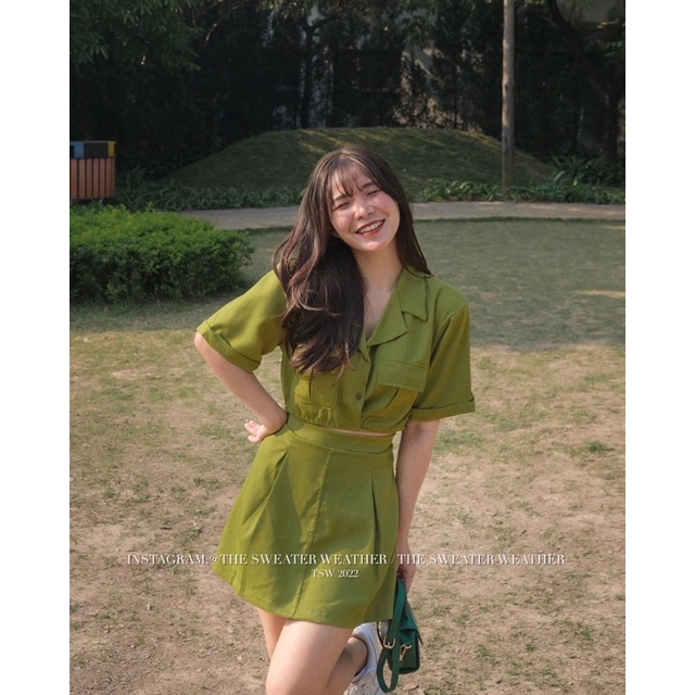 (Ảnh thật) Set linen áo croptop dây rút thắt eo kèm chân váy xoè A the.sweaterweather TSW