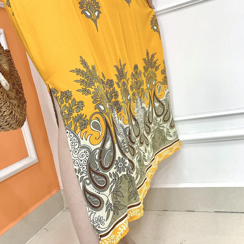 Đầm maxi mùa hè đi biển hot dáng dài vải lanh mát - Váy maxi xẻ tà họa tiết thổ cẩm MX078 ! *