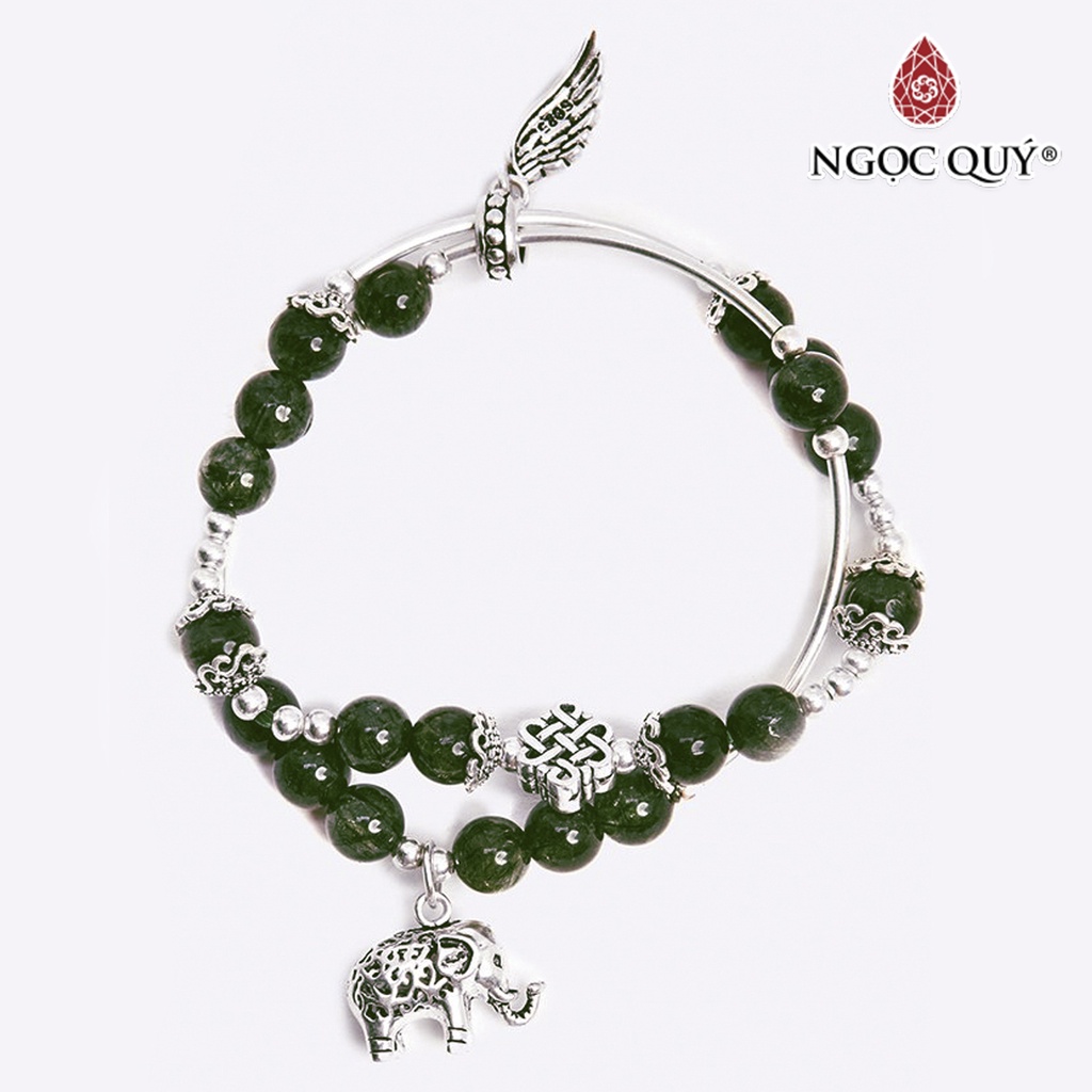 Vòng 2 line đá TA tóc xanh phối charm voi bạc hạt 6mm - Ngọc Quý