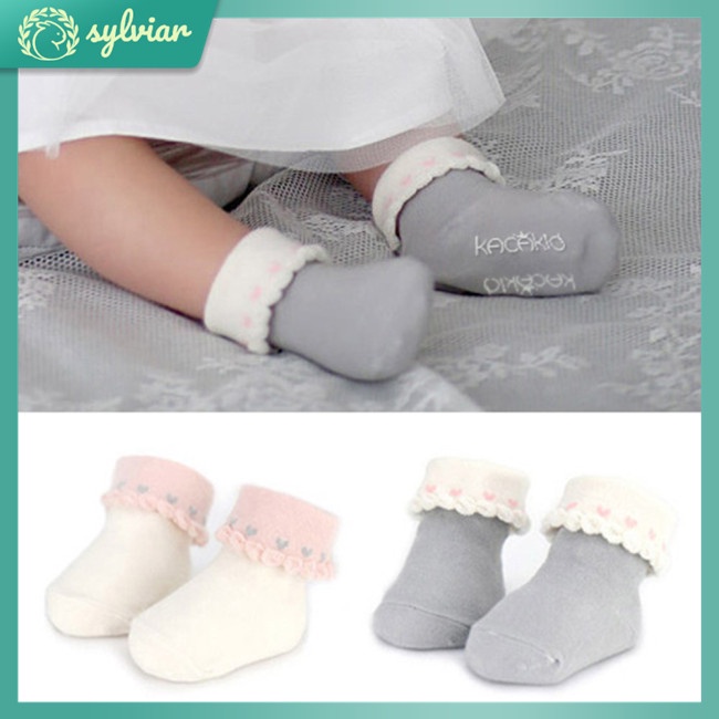 Vớ Cotton Giữ Ấm Chống Trượt Phối Ren Kiểu Công Chúa Cho Bé Gái Sơ Sinh