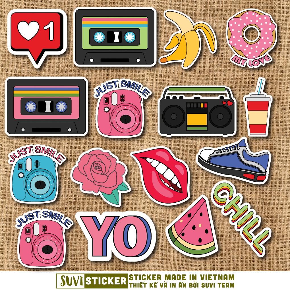 50 Sticker Nhiều Thể Loại chống nước sticker dán mũ bảo hiểm, laptop, điện thoại, đàn guitar, vali. MSP: NS23