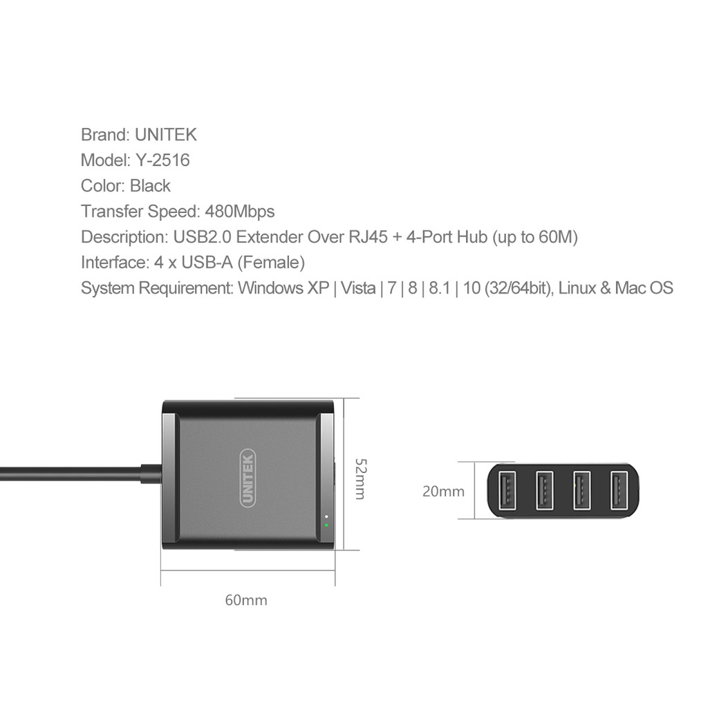 Hộp nới dài , mở rộng tín hiệu USB 2.0 bằng cáp mạng và chia USB từ 1 ra 4 đ tối đa 60m UNITEK Y 2516