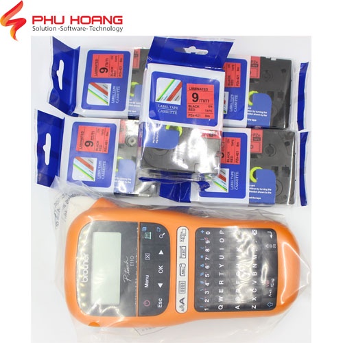 Combo máy in nhãn Brother PT-E110 và 5 nhãn in Hze,Tz2,Pze khổ rộng 9mm