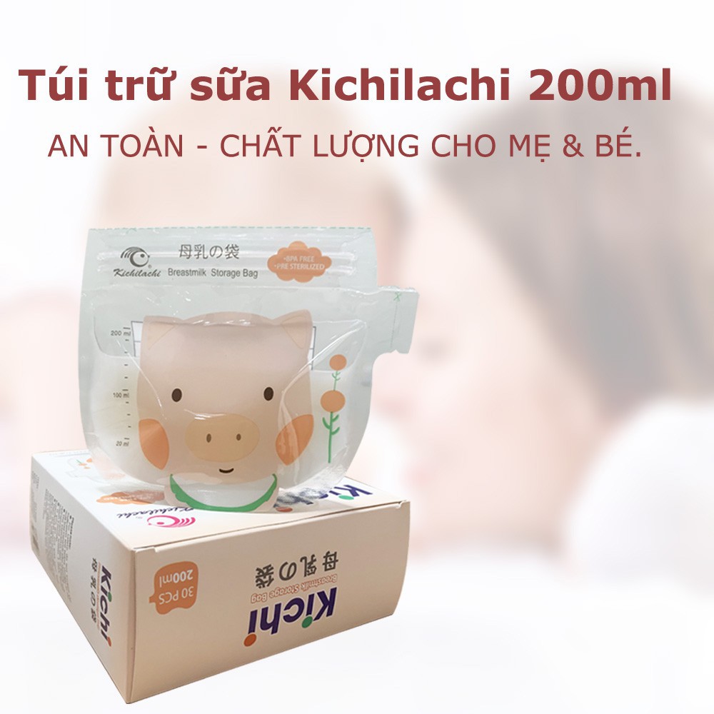 2 Hộp - 64 túi trữ sữa 200ml không BPA, không mùi & 2 khóa zip an toàn cho Bé KICHILACHI (Hình con heo dễ thương)