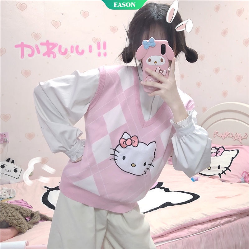 Áo Len Cổ Chữ V Không Tay Dáng Rộng In Hình Hello Kitty Phong Cách Kawaii Thời Trang Thu Đông Cho Nữ Sinh 2021