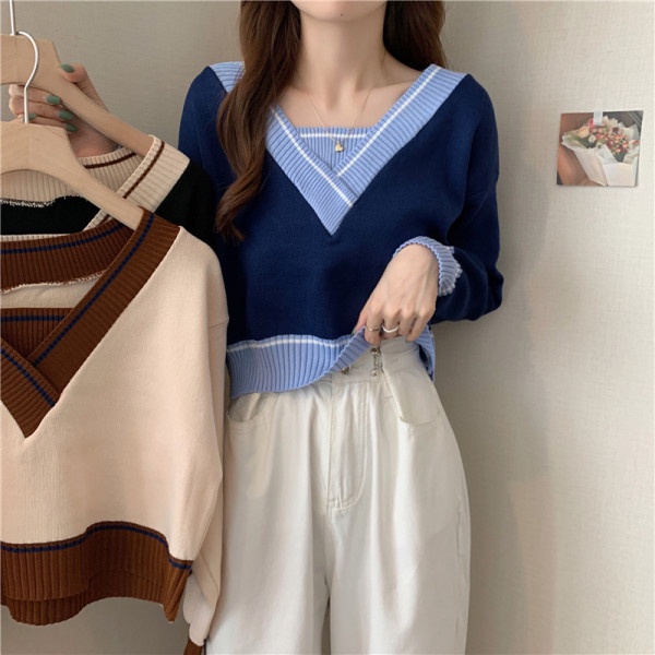 Áo len tay dài cổ V dáng rộng thời trang màu thu