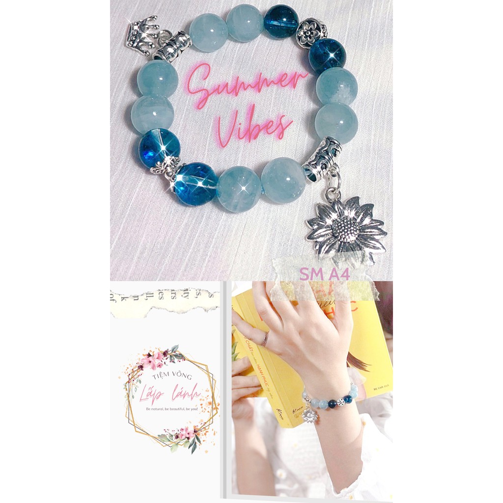 Vòng phong thuỷ đá Aquamarine mix ưu linh xanh dương và charm bạc 925