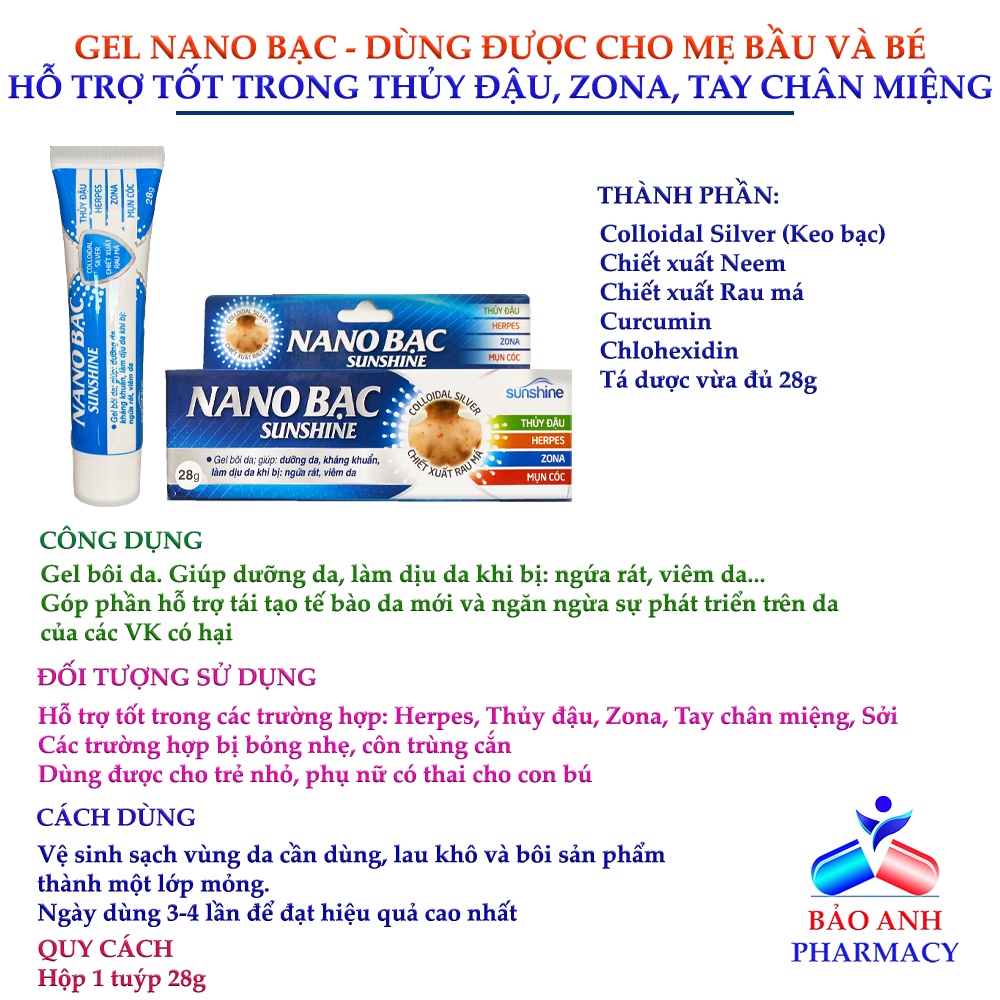 Tuýp bôi NANO BẠC Sunshine – Thủy đậu, herpes, Zona, Mụn cóc, Tay chân miệng – Hỗ trợ làm dịu da, an toàn cho bé – H28G