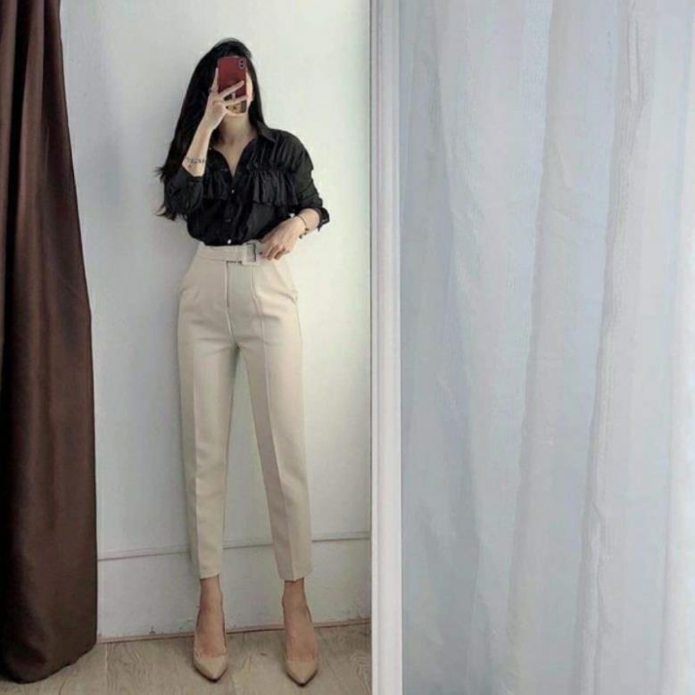 Quần Tây Nữ Công Sở Quần Baggy Lưng Cao Đai vuông Cúc lệch - Chất vải tuyết mưa mềm mịn