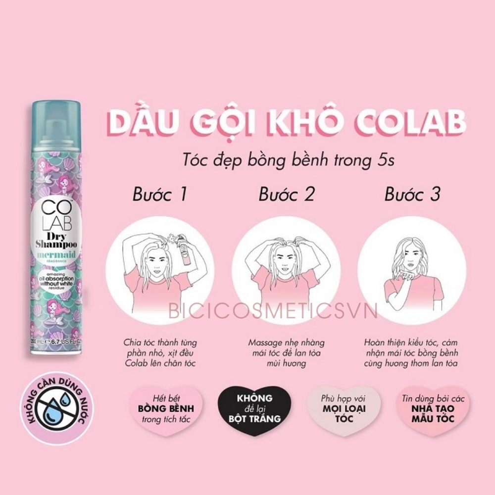 Dầu Gội Khô COLAB Thấm Hút Dầu Thừa Không Để Lại Cặn Trắng Dry Shampoo UK 200ml