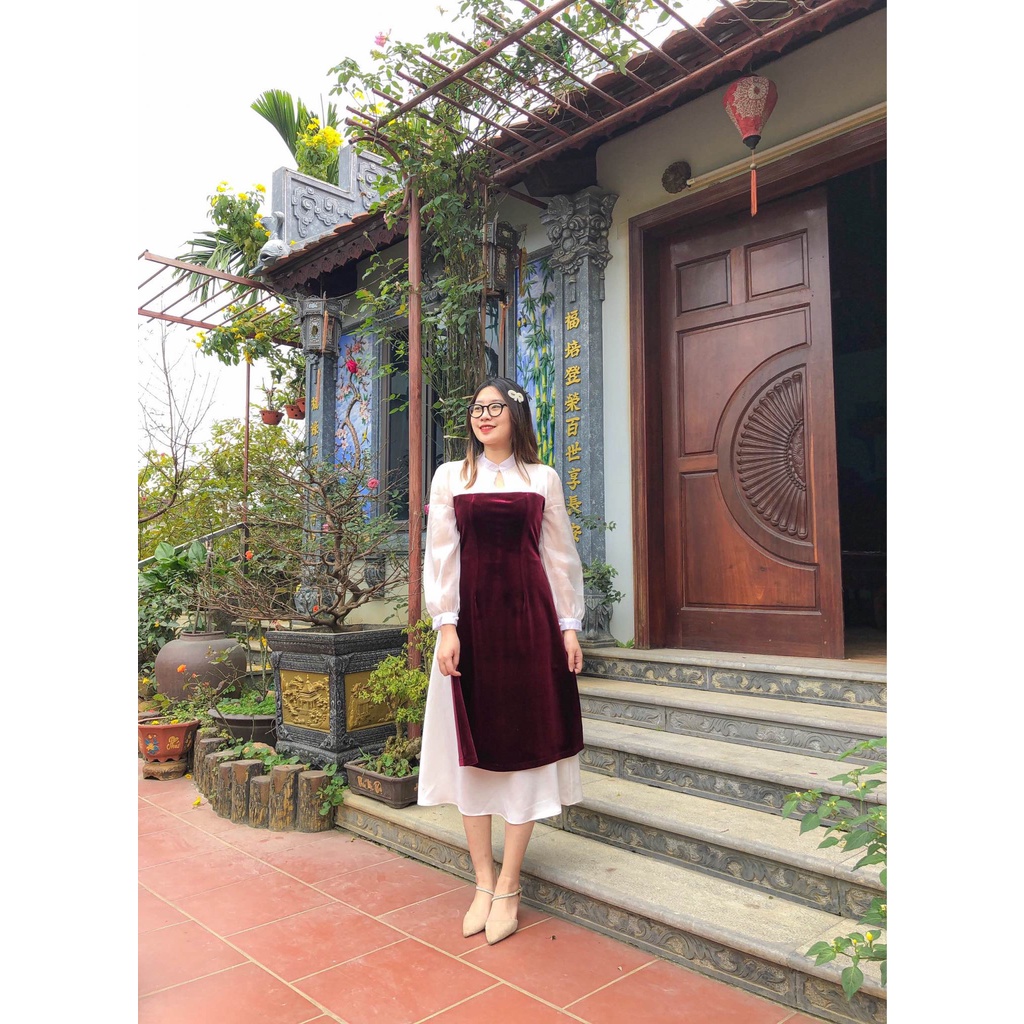 Áo dài nhung khoét giọt lệ kèm chân váy (55kg đến 95kg) - 22YCT09 - [BU Bigsize Young]