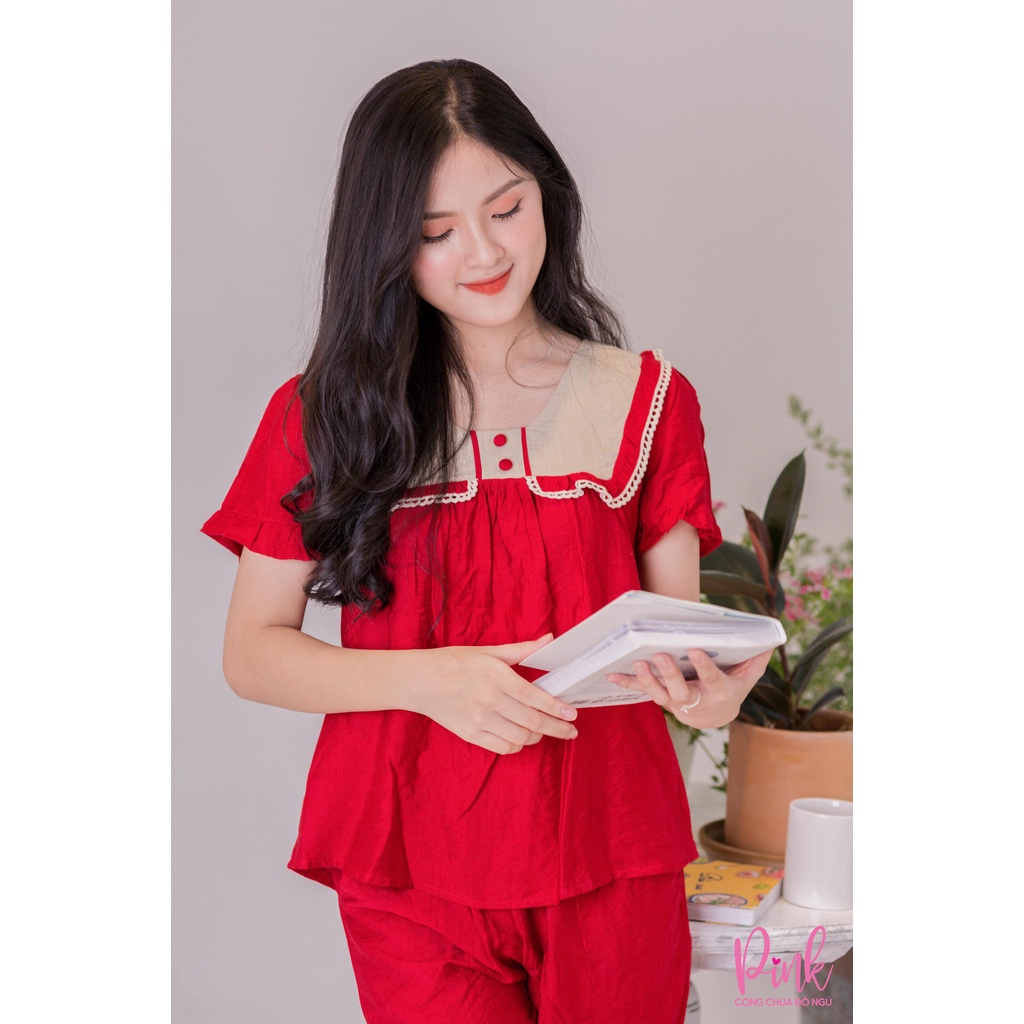 Bộ Ngủ Pijama Nữ Màu Đỏ Tay Ngắn Quần Lửng Chất Đũi Cao Cấp Thoáng Mát Hút Mồ Hôi Phong Cách Ulzzang Hàn Quốc Trẻ Trung