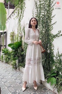 ĐẦM MAXI TRẮNG ĐAN NGỰC PHỐI REN (KÈM HÌNH THẬT)