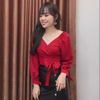 Áo kiểu thắt nơ đắp chéo ngực tay dài