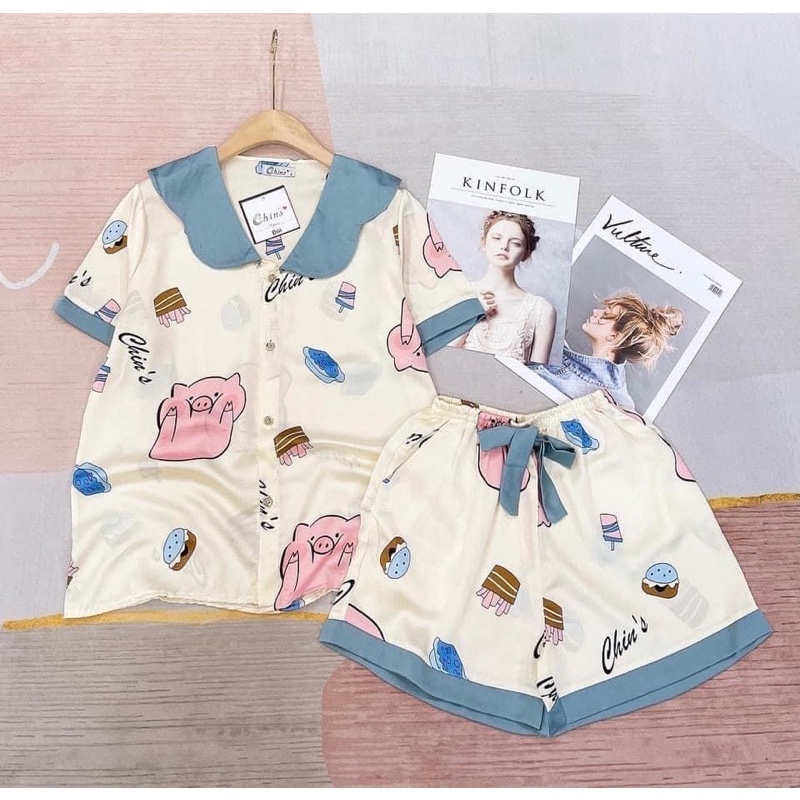 Bộ pijama mặc nhà quần đùi áo cổ sen hoạ tiết xinh xắn