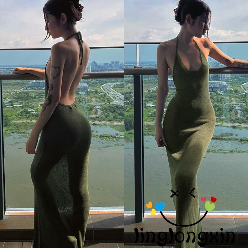 Linglongxi2-Women Sleeveless Halter Neck Dress, Solid Color Backless Tie-Up Bodycon One-Piece, Low-Cut Long Cocktail Party Dress
