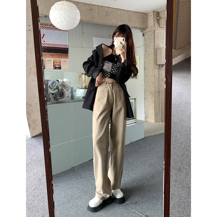 Quần jean cạp cao ống rộng phong cách Hàn Quốc cá tính cho nữ