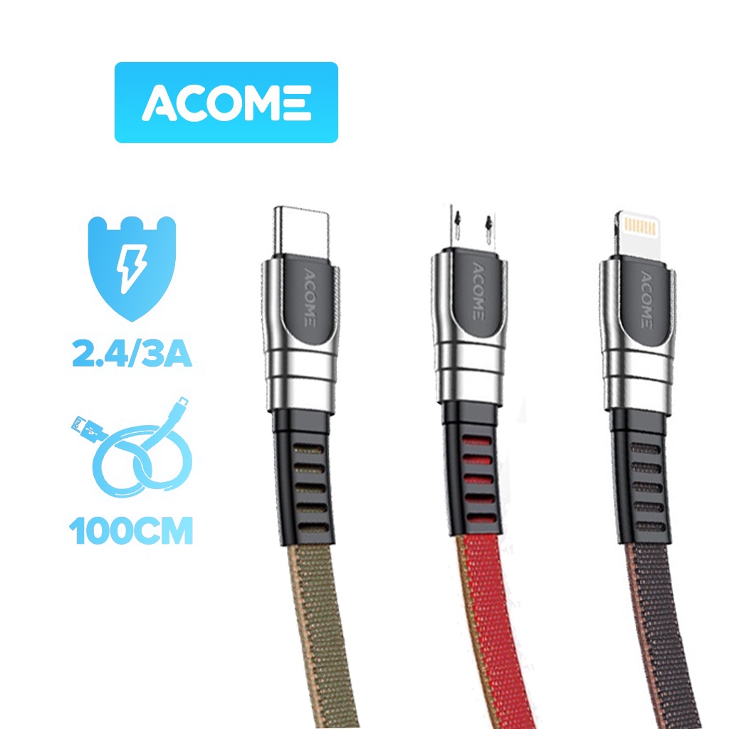 Cáp Sạc Nhanh 2.4A 3A ACOME AKL-010/AKC-010/AKM-010100CM - Chất Liệu Cáp Dù Dài 1m