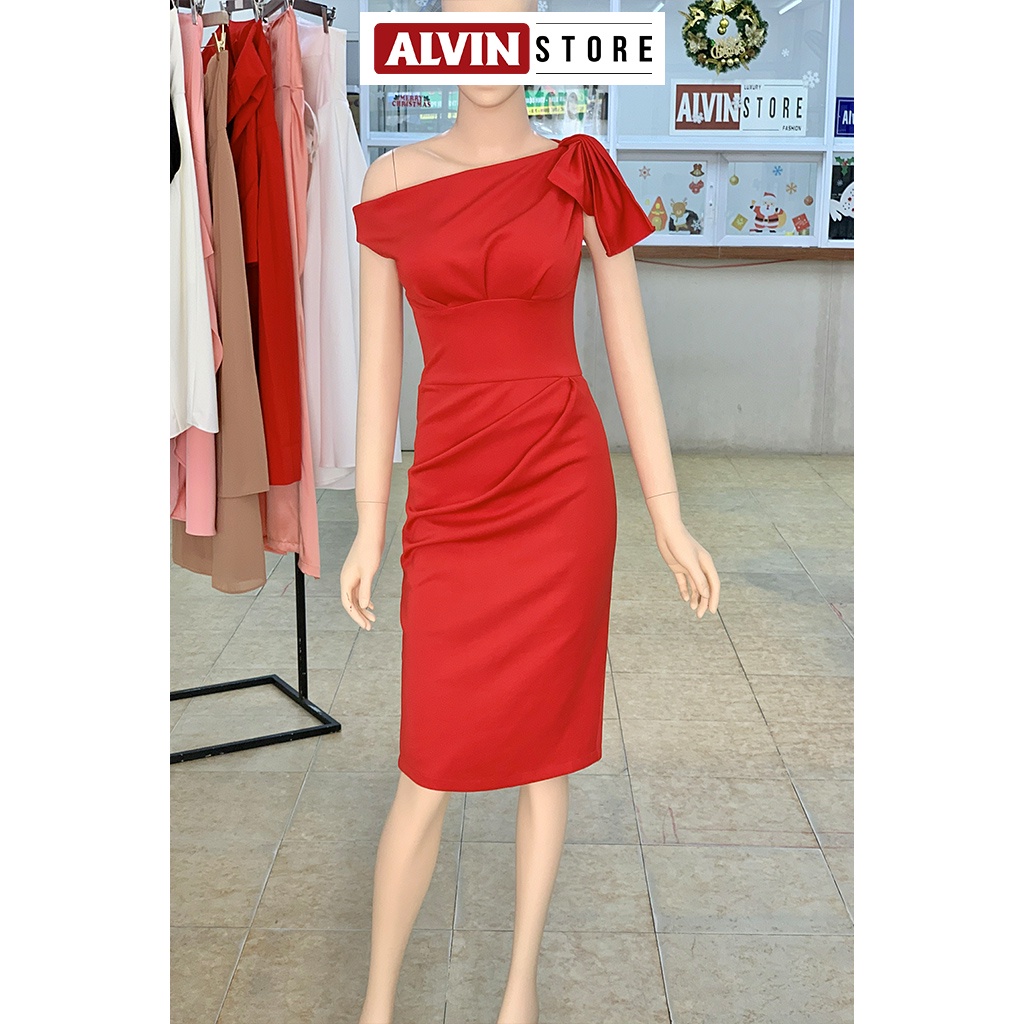 Đầm Ôm Body Lệch Vai Kèm Nơ Thiết Kế Xếp Ly Bụng Phong Cách Sang Trọng Alvin Store 0898