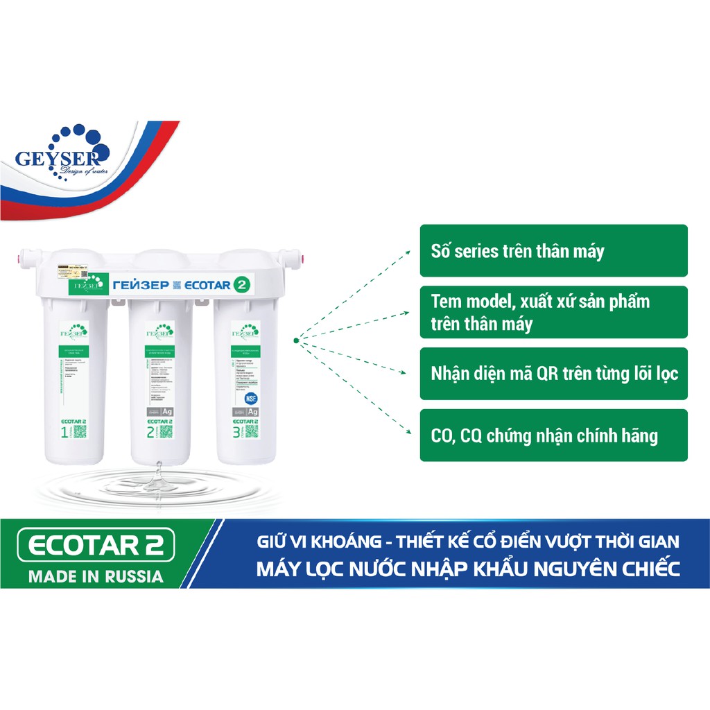 Máy lọc nước Nano Geyser Ecotar 2 - Tặng kèm 1 cốc lọc thô và 2 lõi PP - Nhập khẩu Nga - Bảo hành chính hãng 3 năm