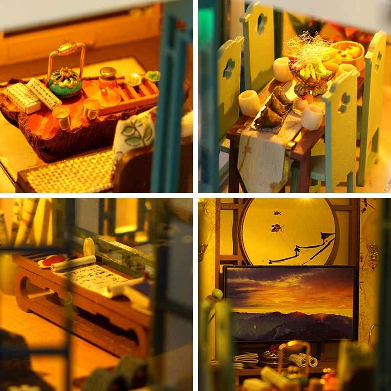 Mô hình nhà DIY Doll House Happy Restaurant Kèm Mica Chống bụi, Bộ dụng cụ, Keo dán và Bộ phát nhạc