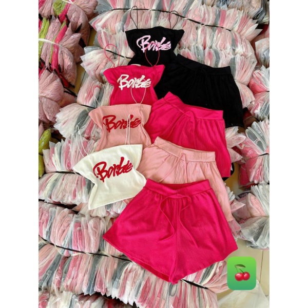Set bộ mặc nhà 2 dây in chữ Barbie siêu cưng