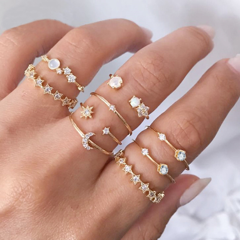 Set 9 nhẫn hợp kim đính đá phong cách cổ điển