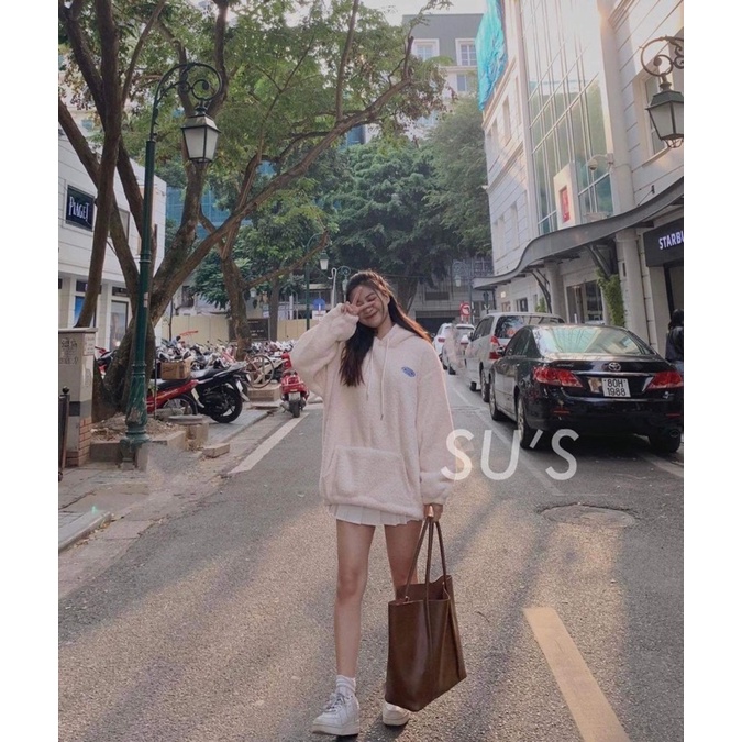 Áo Khoác Hoodie Bông Cừu Nữ dáng rộng tay phồng có mũ form Ullzang | BigBuy360 - bigbuy360.vn