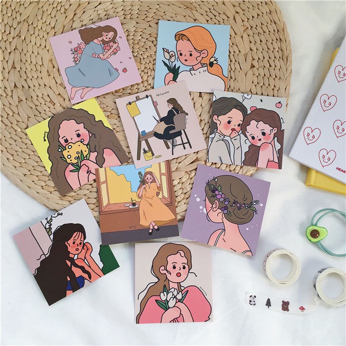 Set 9 thẻ giấy hình cô gái xinh xắn trang trí dễ thương