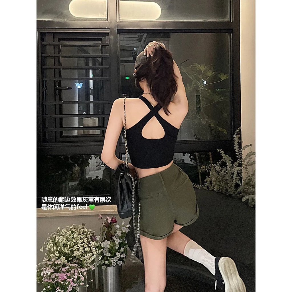 JSC Jiashucheng Quần Short Denim Lưng Cao Dáng Ôm Có Túi Màu Xanh Lá Quân Đội Phong Cách Retro Mùa Hè Cho Nữ