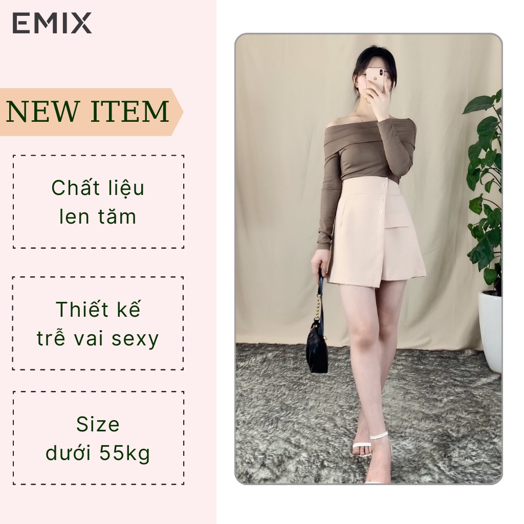 Áo len trễ vai EMIX (3 màu), cá tính, dáng dài, dài tay, form ôm, freesize, vải len tăm mềm đẹp