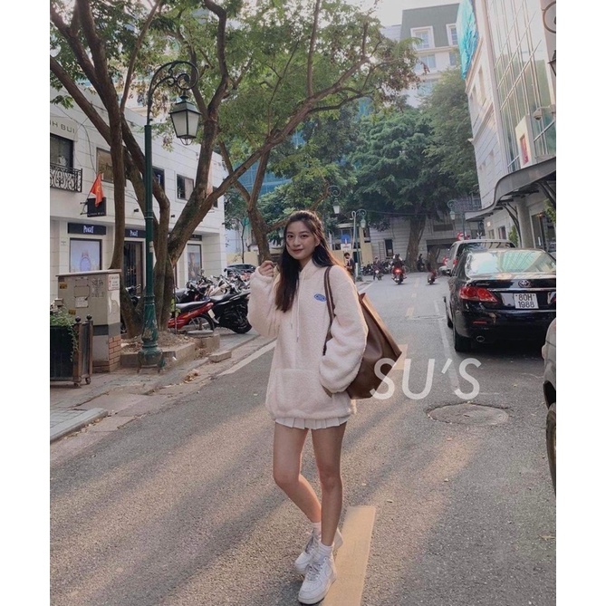 Áo Khoác Hoodie Bông Cừu Nữ dáng rộng tay phồng có mũ form Ullzang | BigBuy360 - bigbuy360.vn