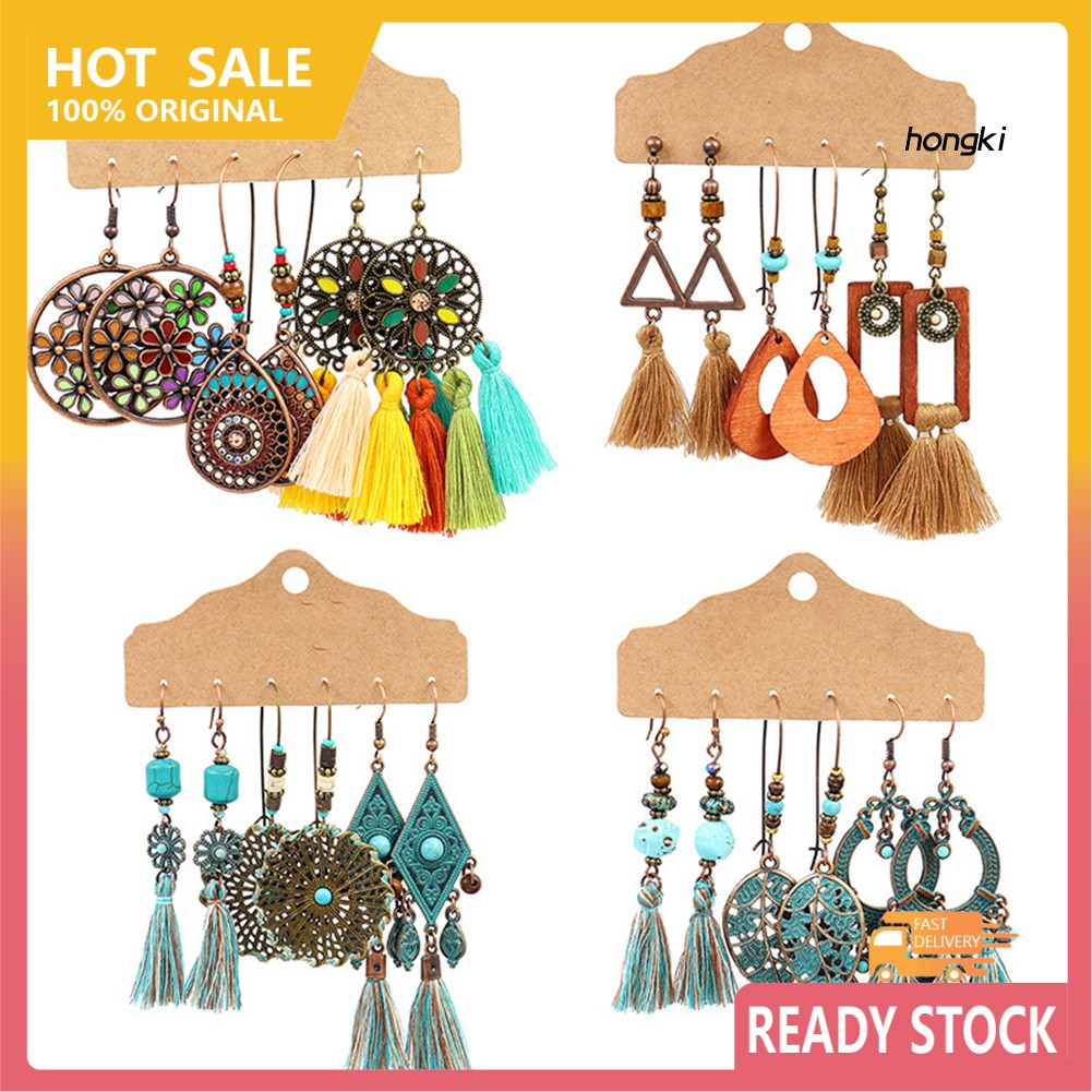 Set 3 đôi hoa tai phong cách Bohemian thiết kế nghệ thuật cho nữ
