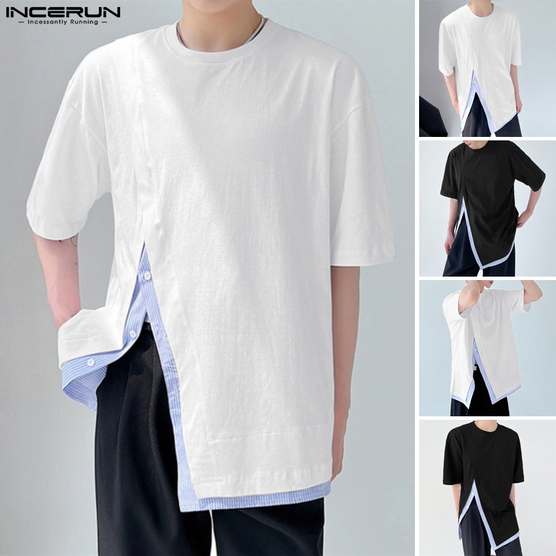 Áo thun INCERUN tay ngắn thiết kế ghép phối sọc kiểu mùa hè cho nam