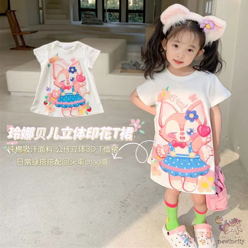 Đầm Cotton Tay Ngắn In Họa Tiết Hoạt Hình Phong Cách Hàn Quốc Thời Trang Mùa Hè Cho Bé Gái