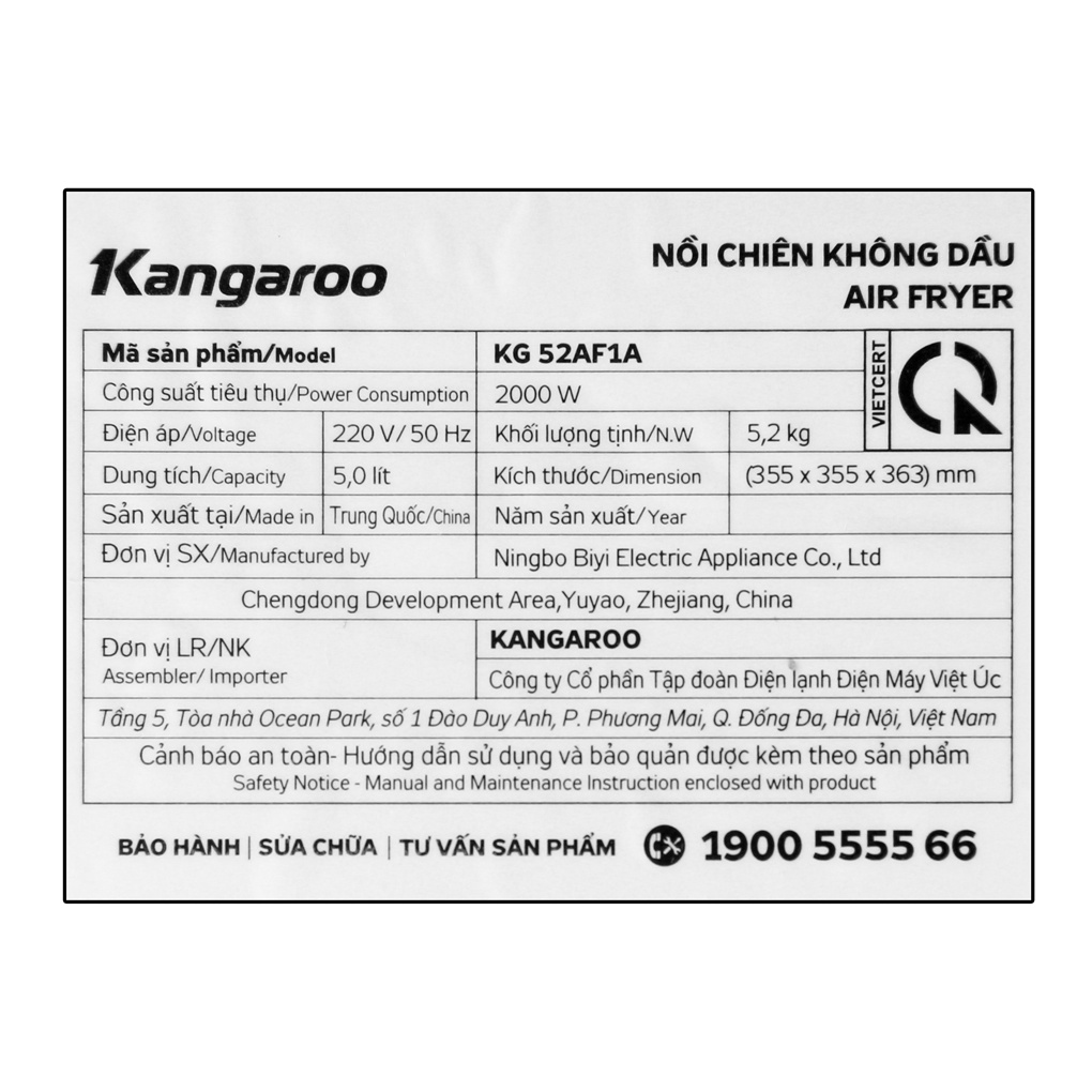 [Mã ELHADEV giảm 4% đơn 300K] Nồi chiên không dầu Kangaroo KG52AF1A 5 lít công suất 2000W - Hàng chính hãng BH 12 tháng