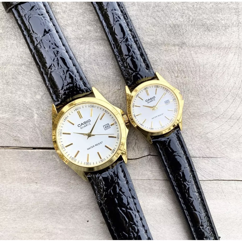 Đồng Hồ CẶP CASIO C045 DÂY DA Mặt TRẮNG Chống Xước, Chống Nước  - TẶNG 1 Vòng Đá tỳ Hưu + 2 pin AG4