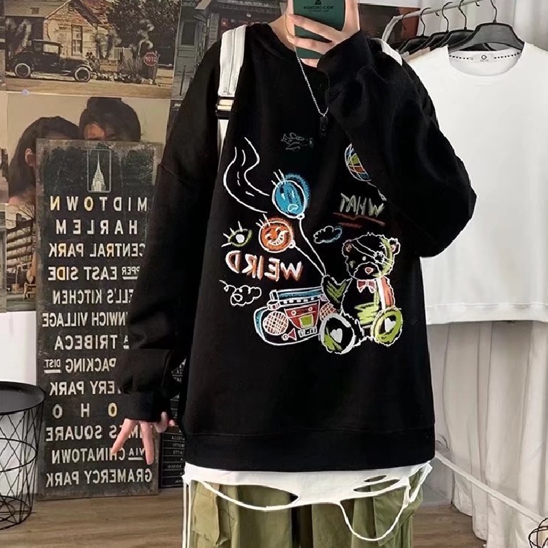 Áo sweater tay dài cổ tròn dáng rộng in họa tiết Graffiti phong cách Nhật Bản thời trang cho nam size M-5XL
