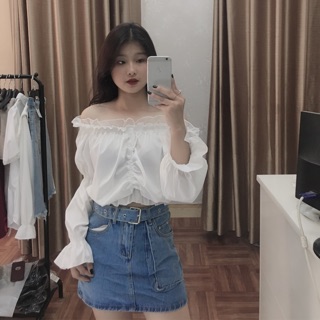 Set áo trễ vai + chân váy bò