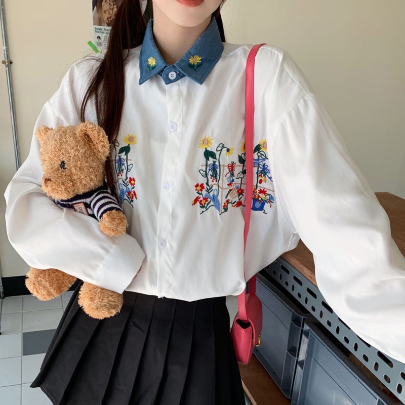 Áo Sơ Mi Dài Tay Thêu Hoa Cúc Dại Thời Trang Mùa Thu Giản Dị Mới Dành Cho Nữ